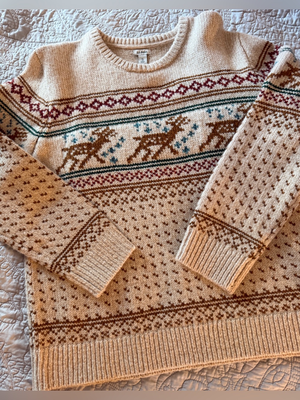 L.L.Bean Vintage Reindeer Fair Isle Nordic Sweater Brown & Cream
